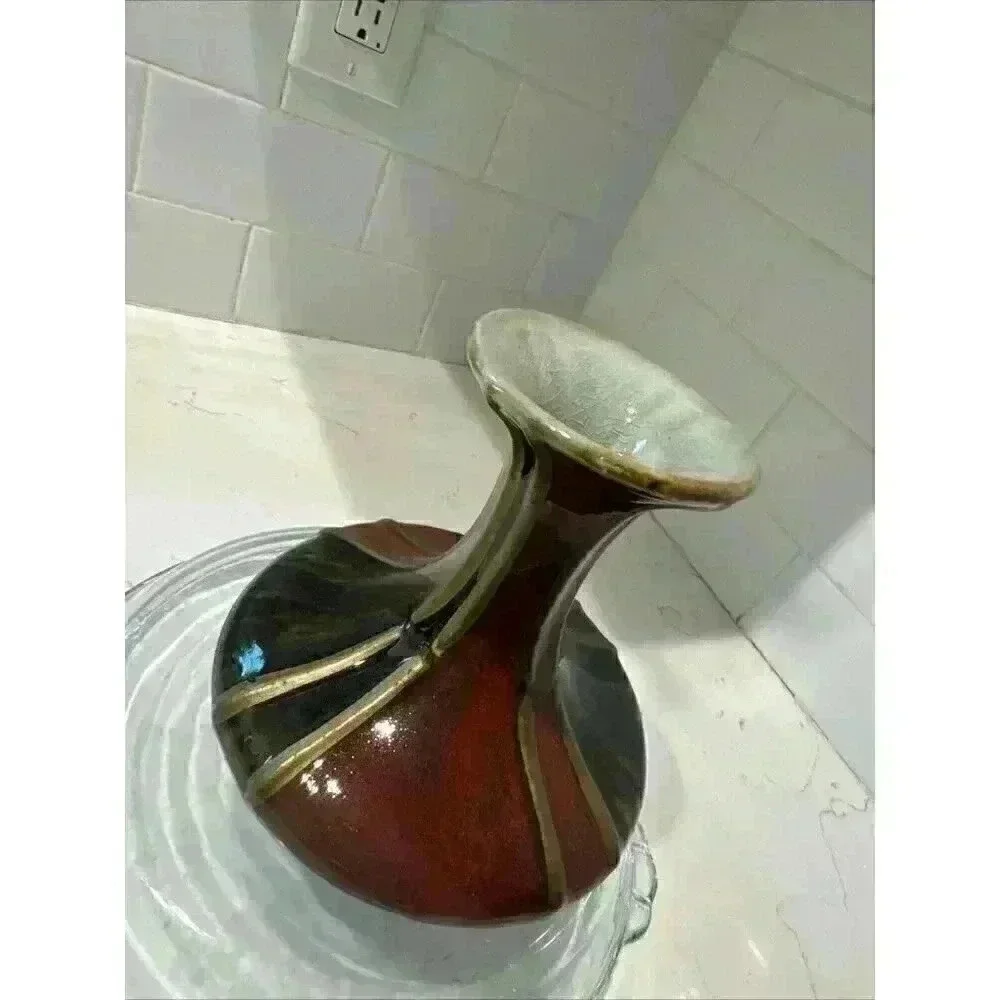 Fabulous Pottery Vase Red Olive Glaze Gold Stripes 6.5